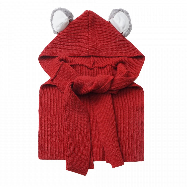 Koala Ears Red Knitted Hooded Shawl