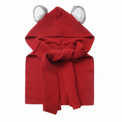 Koala Ears Red Knitted Hooded Shawl