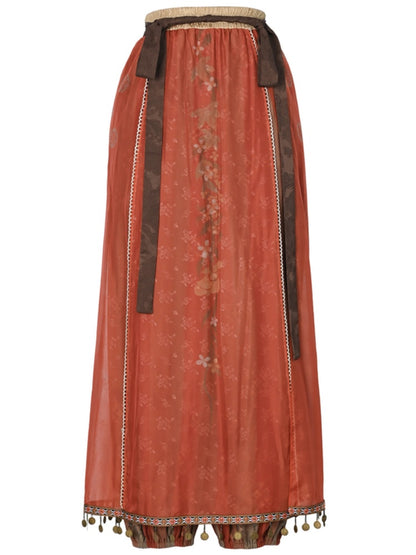 Red Cheongsam Style Floral Loose Pants With Overlay