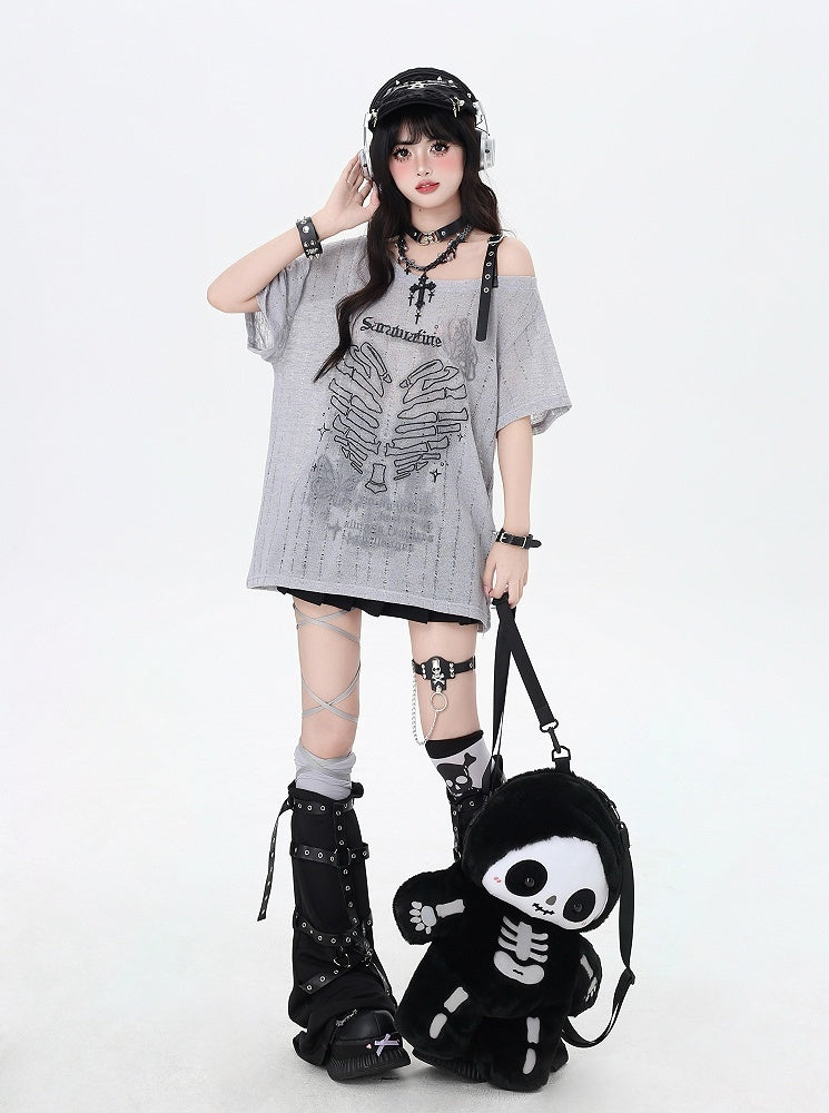 Y2K Asymmetrical Neckline Skeleton Heart Print Black/Gray/White T-Shirt