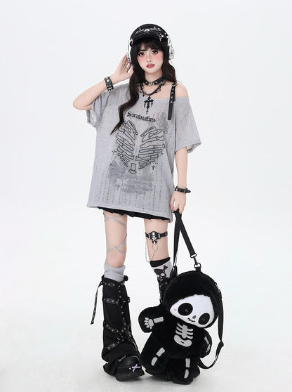 Y2K Asymmetrical Neckline Skeleton Heart Print Black/Gray/White T-Shirt