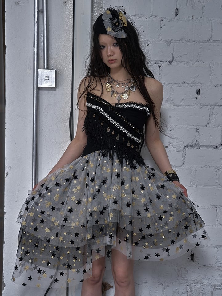 Black/White Crossover Design Bead Hem Details Fringe Baroque