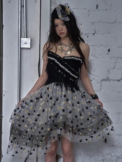 Black/White Crossover Design Bead Hem Details Fringe Baroque