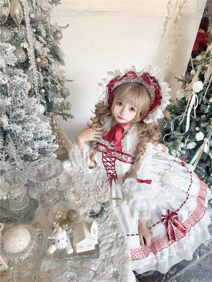 White and Wine Red Lace-up Bow Accents Lace Trim Sweet Princess Dress Lolita Jumper Skirt