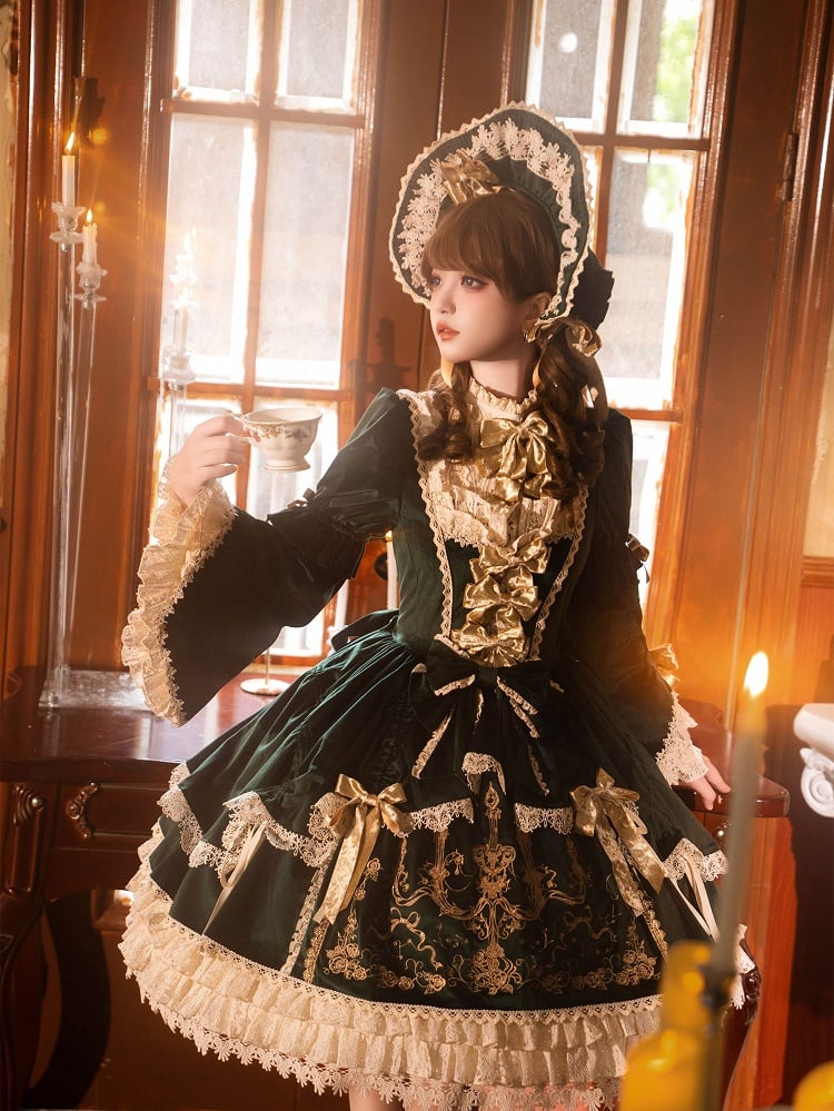 Candlestick and Embroidery Bell Dress Sleeves Green Candle Velvet