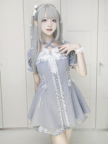mit Dusty Dress Jirai und Kei Blue Tie Buttons Set: Neck Heart Neckholder Shorts verstellbar