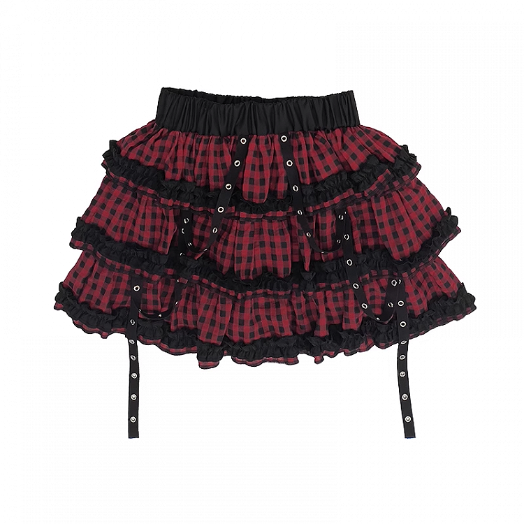 Tiered Skirt Y2K Red  Black/Black  White Plaid Strap Details
