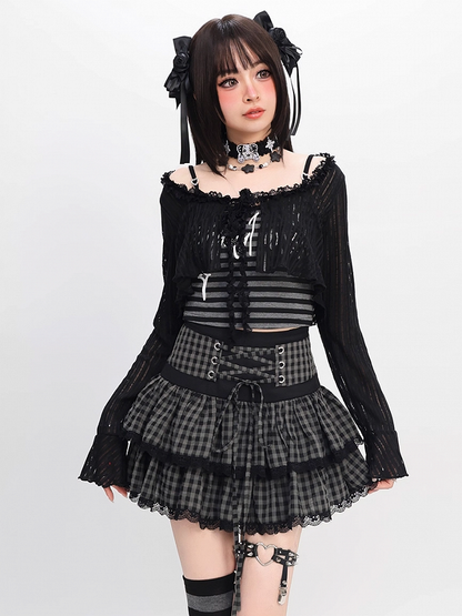 Self-tie Y2K Striped Cami Top with Black Cropped Coverup Set