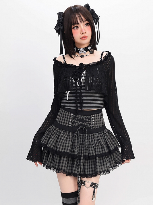 Self-tie Y2K Striped Cami Top with Black Cropped Coverup Set