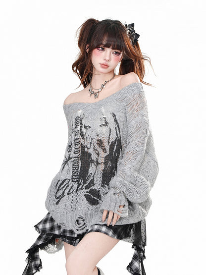 White/Gray Off-the-shoulder Neckline Distressed Holes Graphic Knitted Top