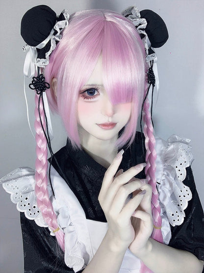 Full Clips 30CM Wig Pink + Short Ponytail With 55CM Bangs Claw Straight Double Braided