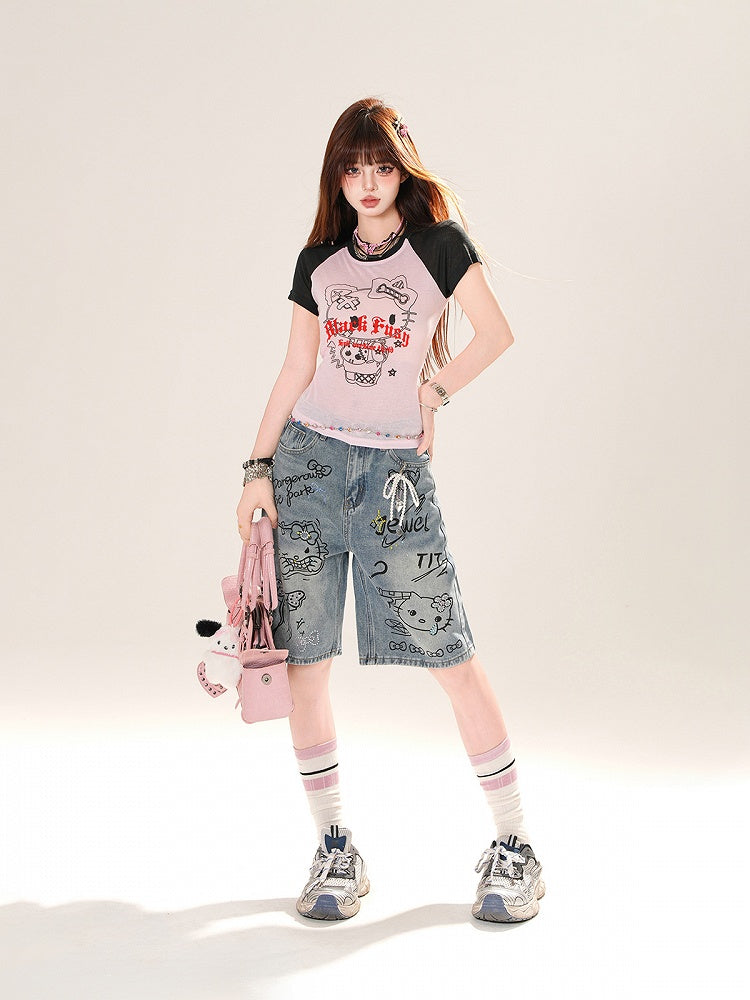 Gray/Pink Colorblock Design Kitty Print T-Shirt