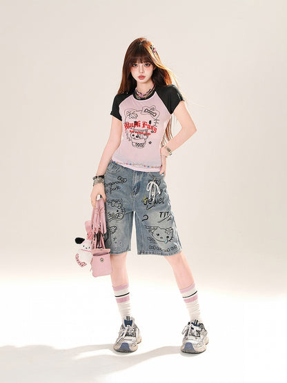 Gray/Pink Colorblock Design Kitty Print T-Shirt