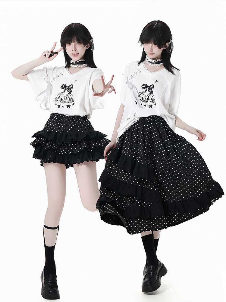 Black Elastic Waist Asymmetrical Lace Polka-Dot Skirt Trim