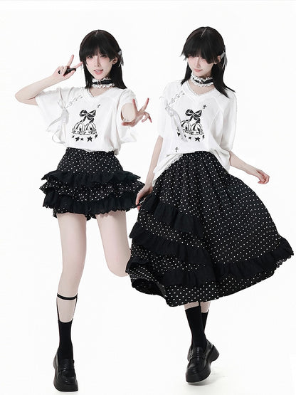 Black Elastic Waist Asymmetrical Lace Polka-Dot Skirt Trim