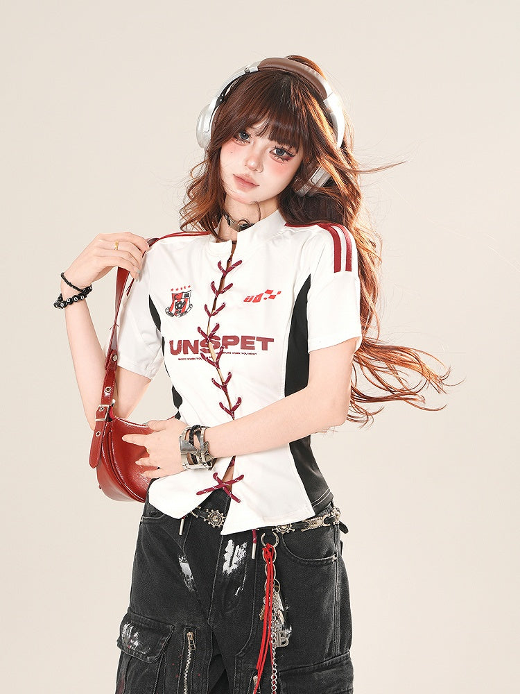 White Lace-up Front Slim-Fit T-Shirt
