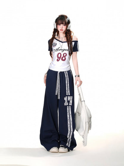 Navy Blue/White Asymmetrical Neckline Cutout Shoulder Number Glamorous T-Shirt