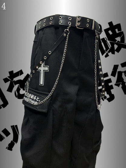 Applikation Schwarz Punk Weites Bein Cargo Kreuz Verziert Rock Taschen Hose Brief Und
