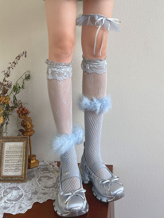 With Overknee Stockings Leg Loop Cuffs Feather Lace Blue
