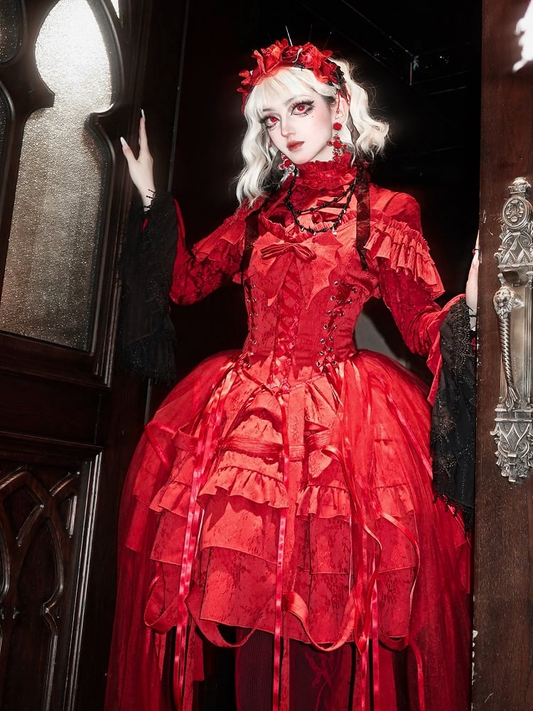 Design Lace-ups with Waist Birdcage Ovarlay Red Lolita Dress Skirt Big and Gothic Bow Corset Detachable
