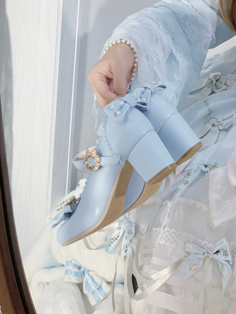 Round Mary Toe Decorated Lolita Rhinestone And Details Bowknot Janes Beaded Blue Shoes