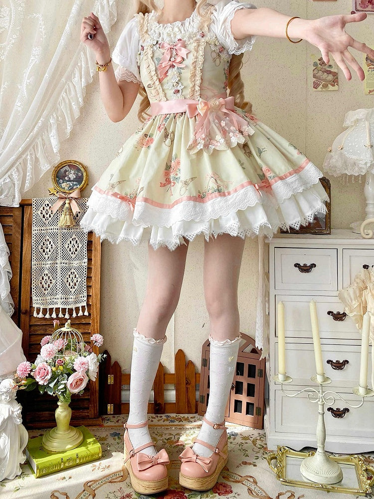 Short Lolita Print Waist Summer Skirt Dress High Rosette Jumper