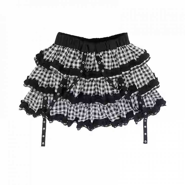 Tiered Skirt Y2K Red  Black/Black  White Plaid Strap Details