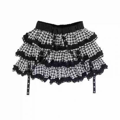 Tiered Skirt Y2K Red  Black/Black  White Plaid Strap Details