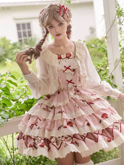 Pink Apples Print Tiered Hem Knee Length Lolita Skirt