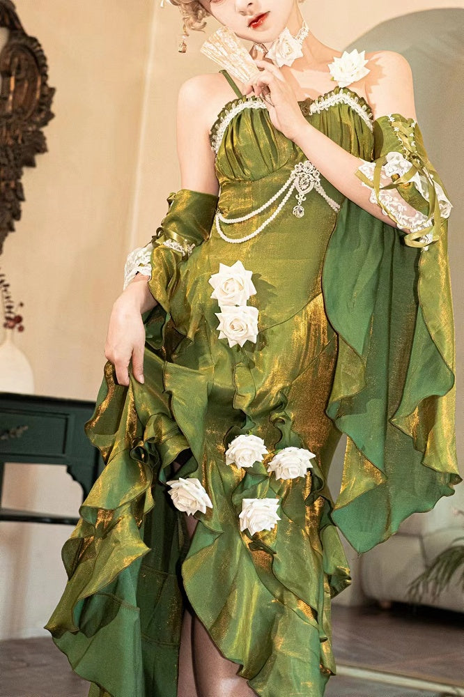 Gown Sleeves Evening Dress Detachable Flounce with Green Mermaid Rosette