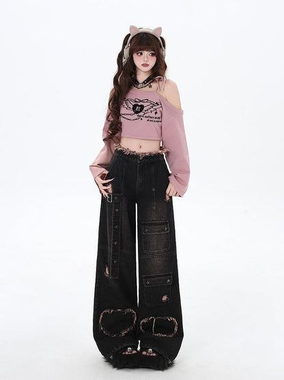 Black Distressed Holes Y2K Wide-leg Cut Jeans