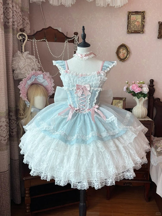 Light Tiered Skirt Blue Balletcore Sweet Lolita Jumper Flutter Sleeves Three-layered