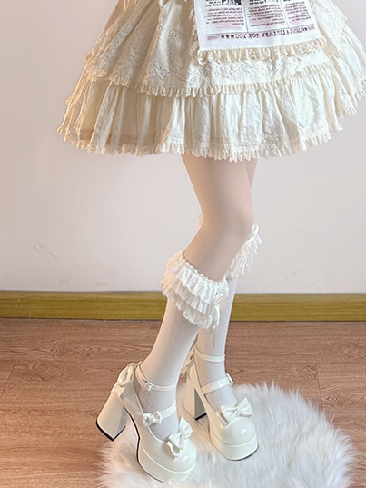 White Bowknot Platform High Block Heels Lolita Shoes