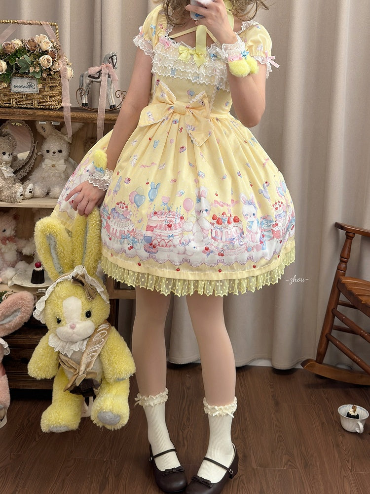 Gelbes süßes Lolita-Kleid mit kurzen Puffärmeln und Bunny and Cake