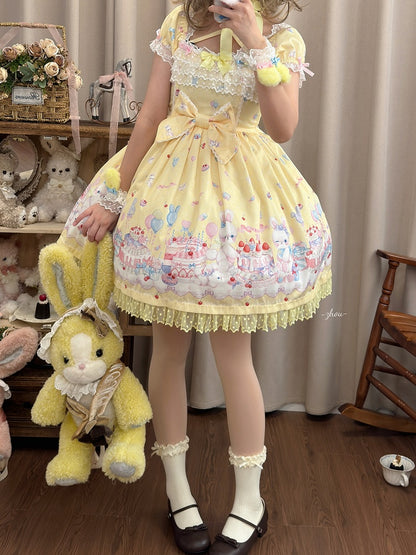 Gelbes süßes Lolita-Kleid mit kurzen Puffärmeln und Bunny and Cake