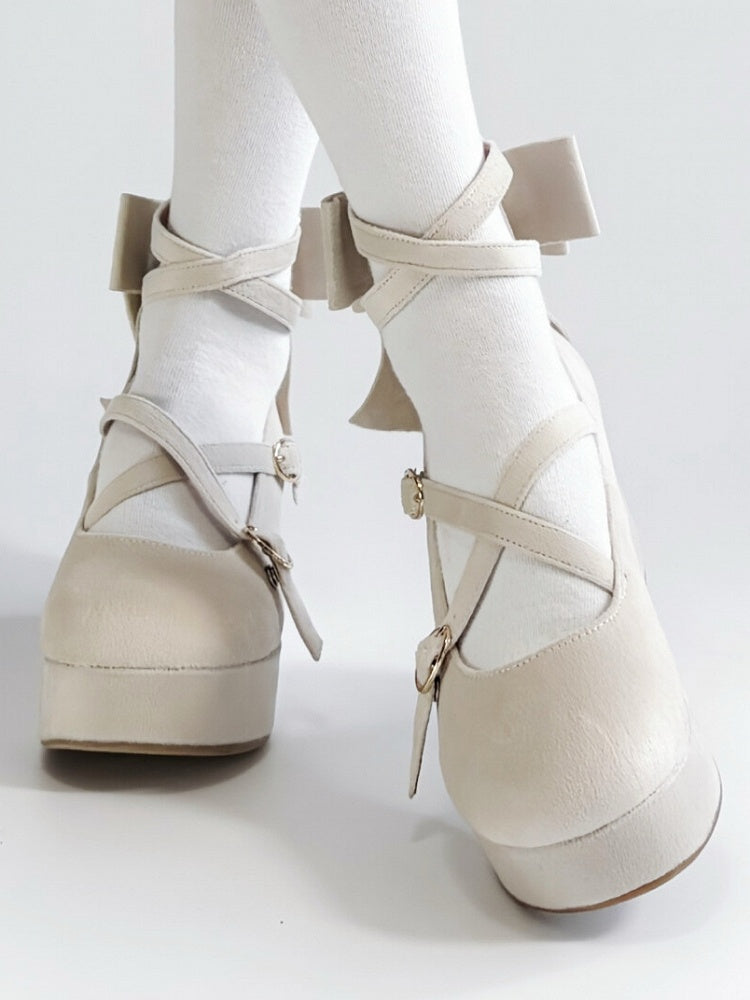 Platforms Crisscross Velvet Toe Round Sweet Bow Design - Wedge Beige Lolita Accent
