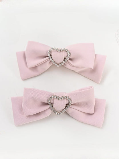 Jirai Kei Decorated Heart Bowknot Rhinestone Hairclips Black/Pink