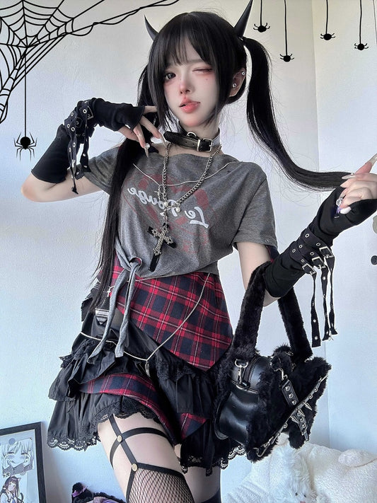 Print Asymmetrical Neckline Letter Y2K Black Glamorous T-shirt