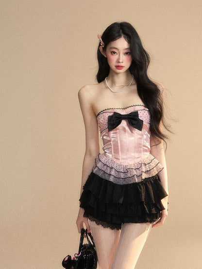 Strapless Top Pattern Pink Layered Lace Mesh Big Bow Ruffled Polka-Dot Trim