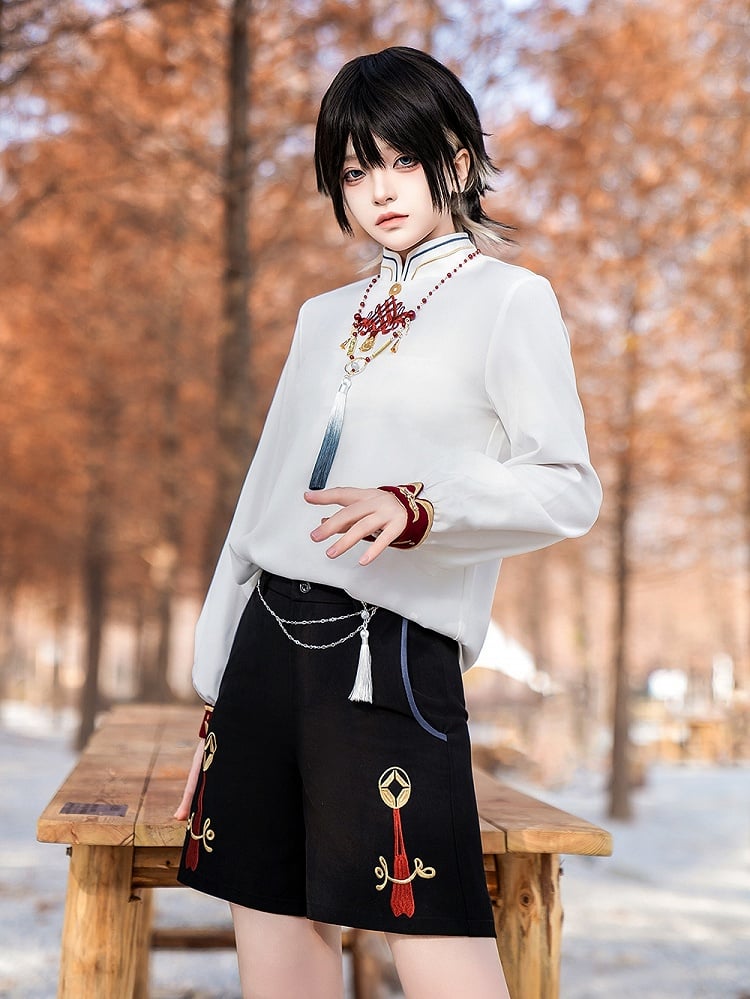 Collier avec pendentif à pompon chinoiserie en or et perles rouges