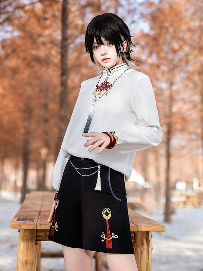 Collier avec pendentif à pompon chinoiserie en or et perles rouges