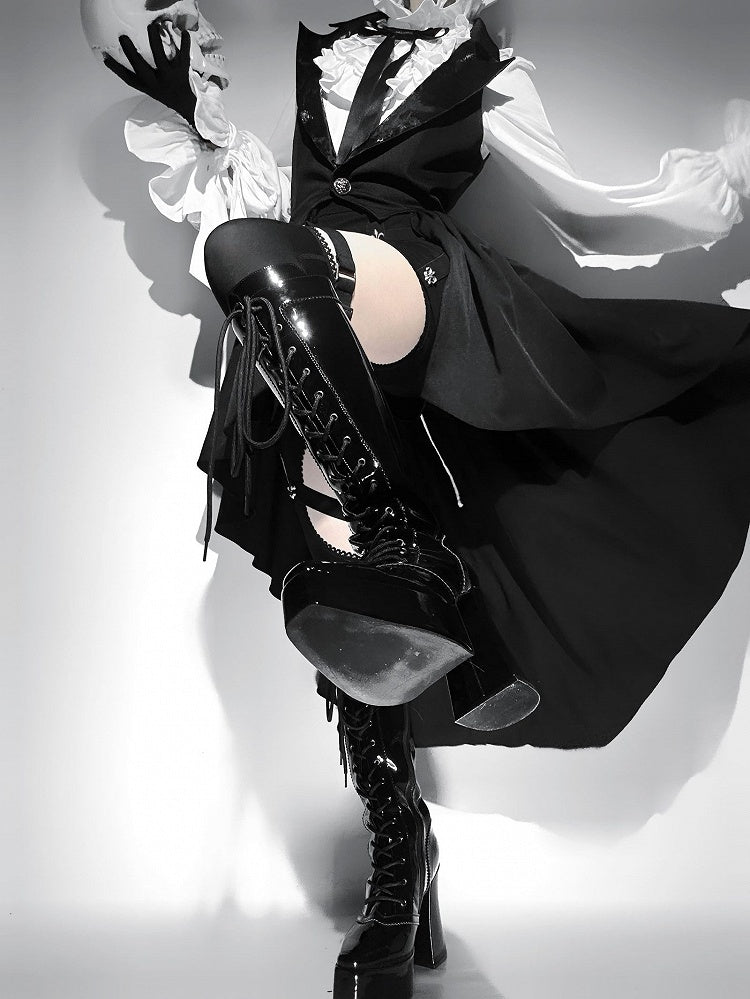 Boots Knee-high Lace-up Ties Front Black Block Heel Platform Polished High Gothic