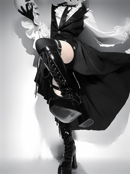 Boots Knee-high Lace-up Ties Front Black Block Heel Platform Polished High Gothic