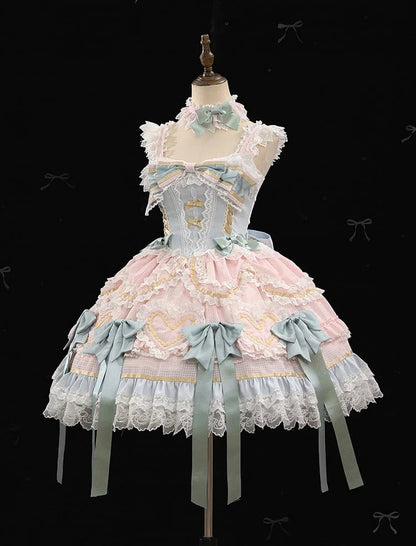 Mint Green Bows Pink and Blue Sweet Lolita Corset Dress with Choker