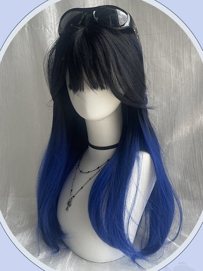 Black-blue Ombre Long Straight Synthetic Wig With Bangs