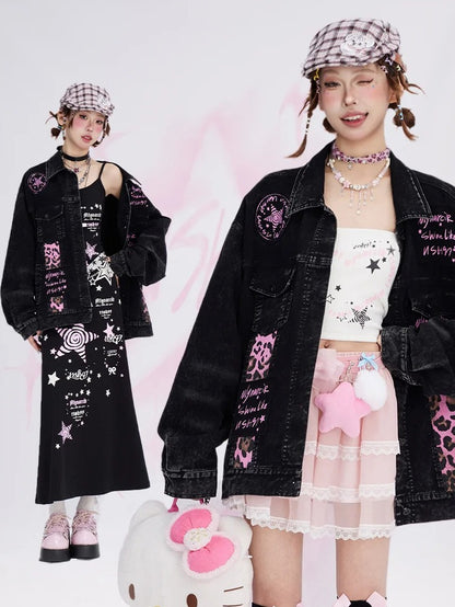 Faded Wash Black Letters Print Leopard Patches Denim Jacket