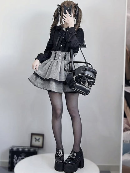 Tiered Details Black Plaid Kei + Jirai Pleating Skirt Outfit- BlackWhite Shirt