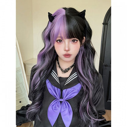 PurpleBlack With Wig 74CM Bangs Length Wavy Air Split Color