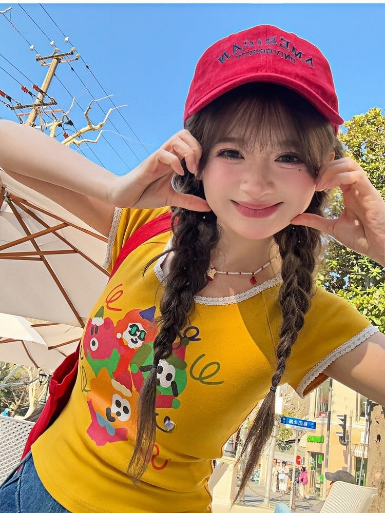 Cartoon Print T-Shirt Neck Ginger Lace Trim Round