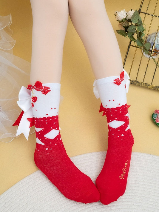 Red Bowknot Print Polka-dot Calf Socks
